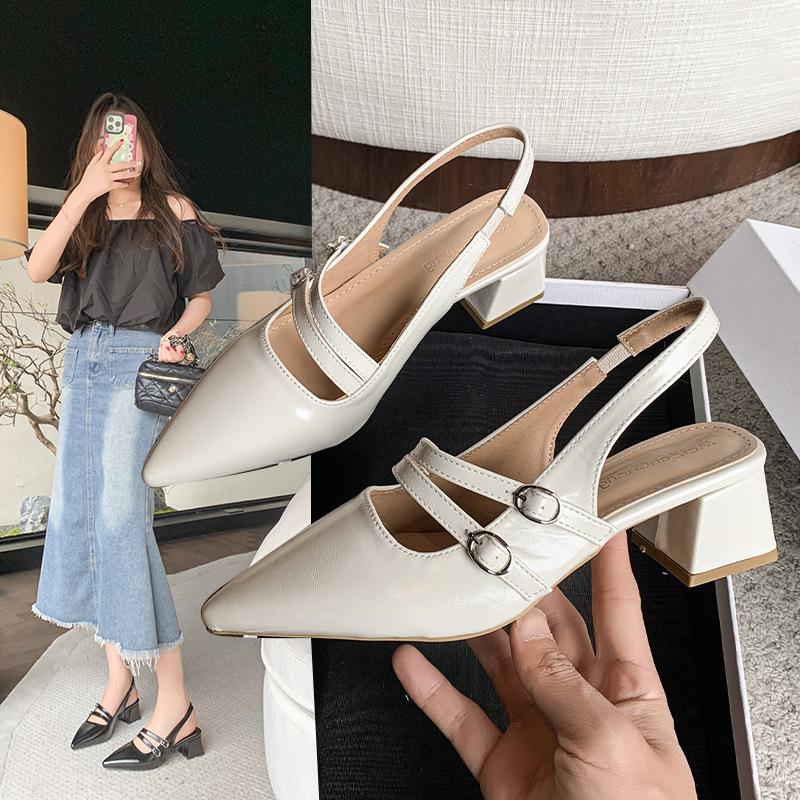 Niche High Heels Solid Color Bag Head Sandals Fairy Shoes 2025 New Spring and Summer Black French Pointed Single Shoes