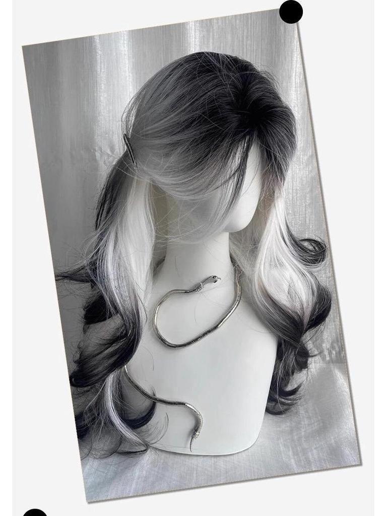 Ink In the Clouds: Black & White Gradient Long Curly Wig with Middle Part