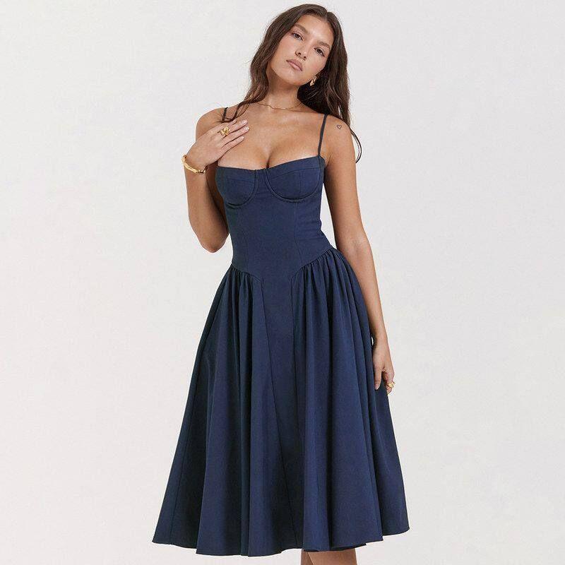 European and American Retro Dress, Slim-Fitting, Sexy Backless Mid-Length Dress, Off-The-Shoulder Neckline, Thin Straps, Mid-Waist Slip Dress