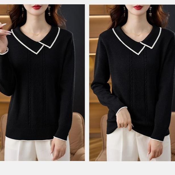 Women's V Neck Sweater Solid Color Slim Knit Pullover Sweater Autumn Winter