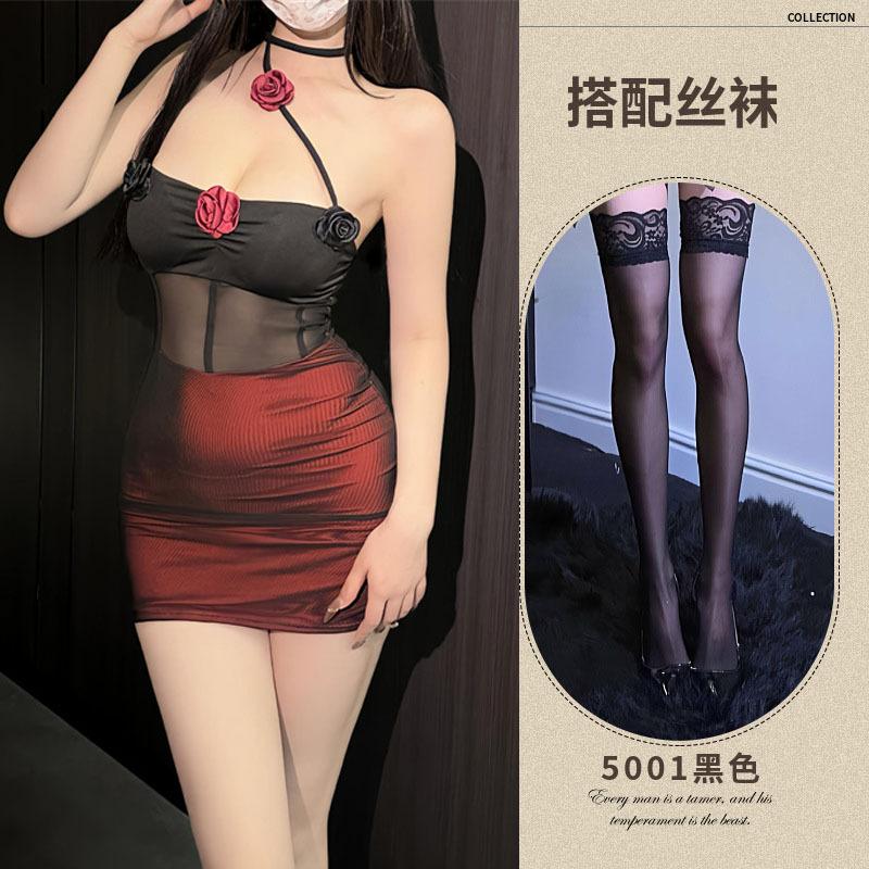 Dark Wind Spice Girl Perspective Mesh Three-dimensional Flower Neck Sex Underwear Sexy Backless Slim Dress