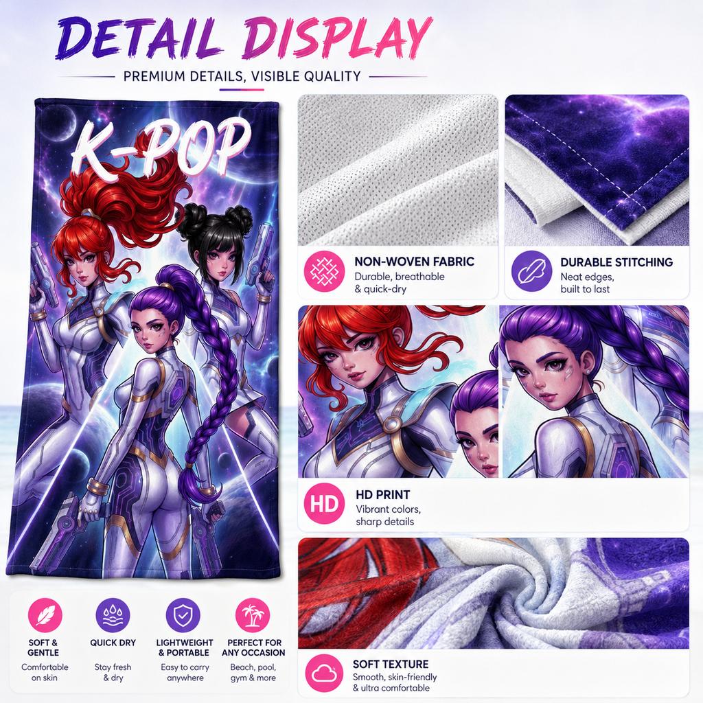 Trendy Cyberpunk K-pop Idol Printed Beach Towel flat print Graphic Microfiber Quick Dry Compact Bath Towel for Fans Gift