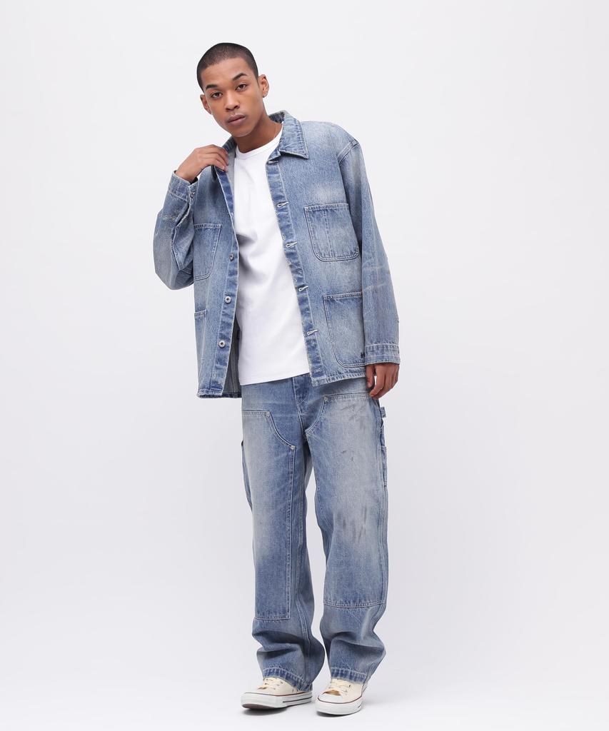 AVIREX UNIVERSAL OVERALL DENIM DOUBLE KNEE PAINTER Size Washed and PANTS, Men's, M, 369, Distressed, 783-5111201