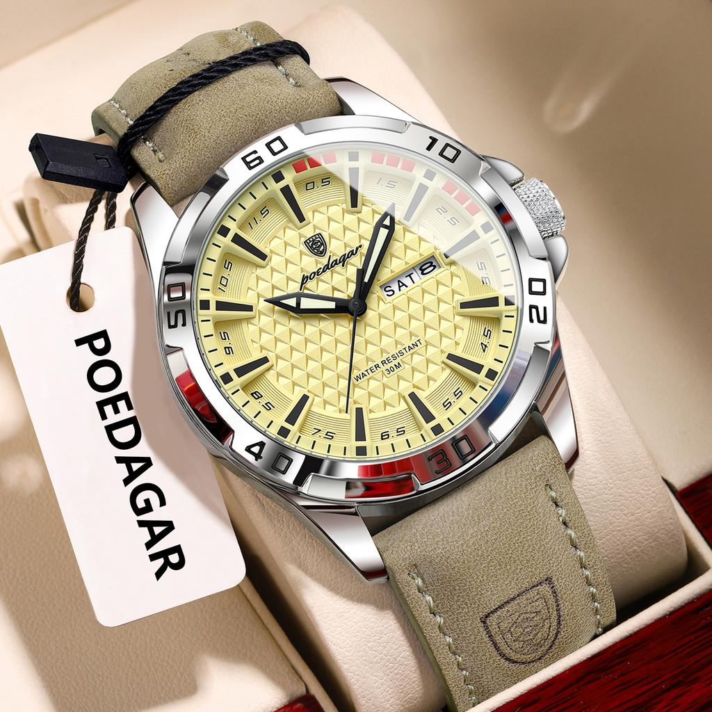 POEDAGAR Original Man Wristwatch Top Luxury Waterproof Luminous Date Week Watch for Men Quartz Sport Leather Watches Reloj