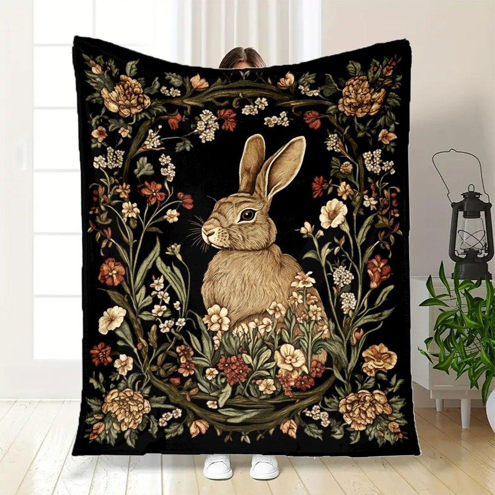 "Rabbit in Flowers: Elegant Wall Art Print"Blanket Flannel Throw Blanket for Sofa, Bed, Travel, Camping, Office, Couch, Chair, And Bed Gift