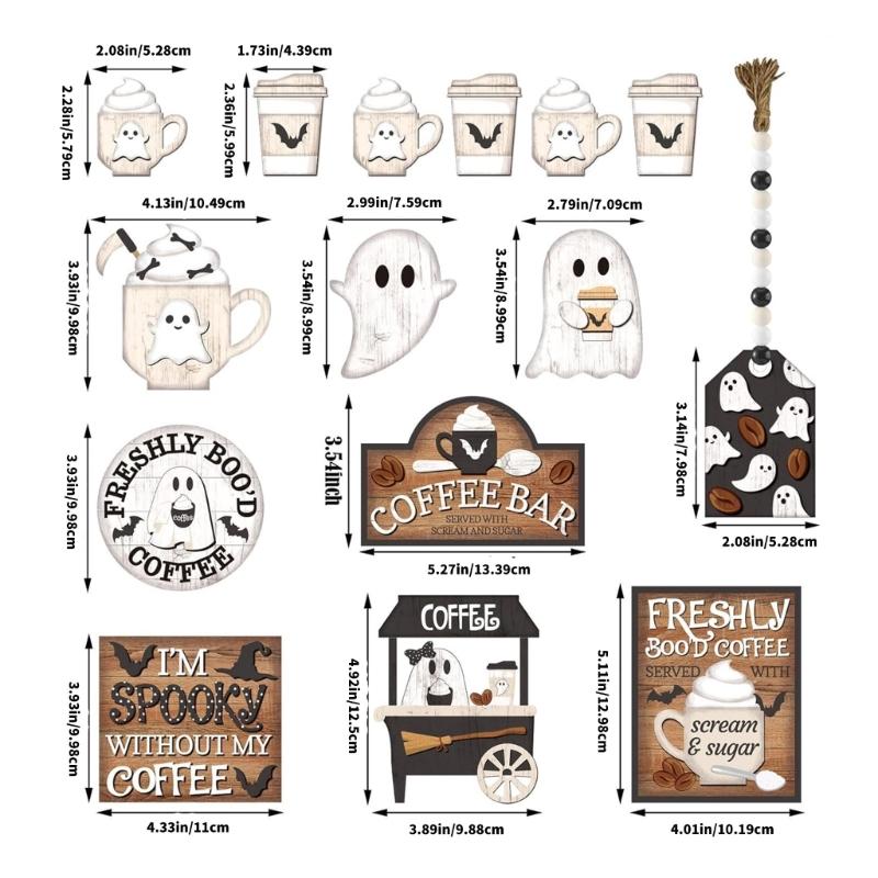19PCS Halloween Coffee Specters Decors Wooden Sign Beads Tiered Tray Accent Farmhouses Style Home Party Tabletop Display