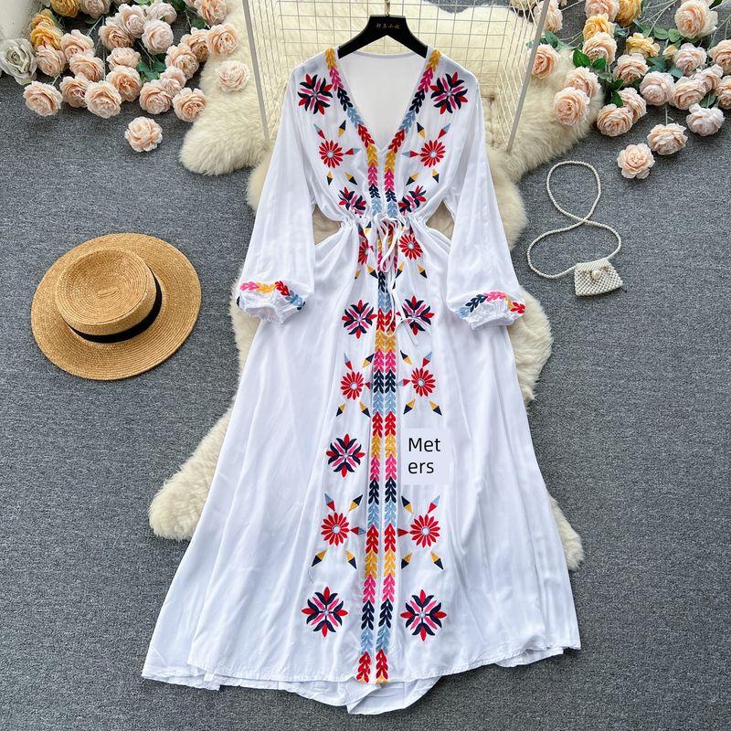 

Drawstring Waist Dress Retro Ethnic Style Embroider White All yards