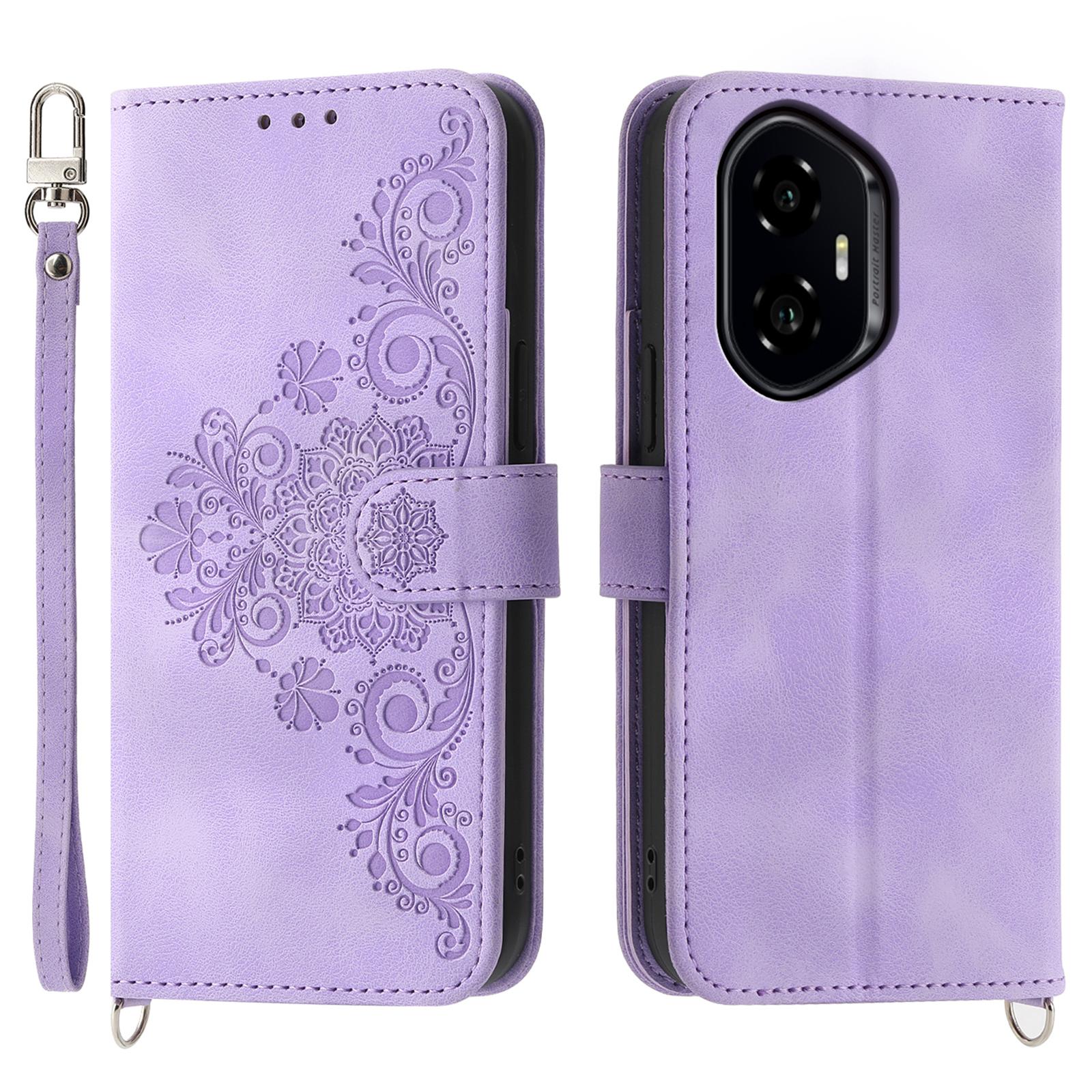 

For Honor 300 Case Flower Pattern PU Leather Wallet Phone Cover with Strap C