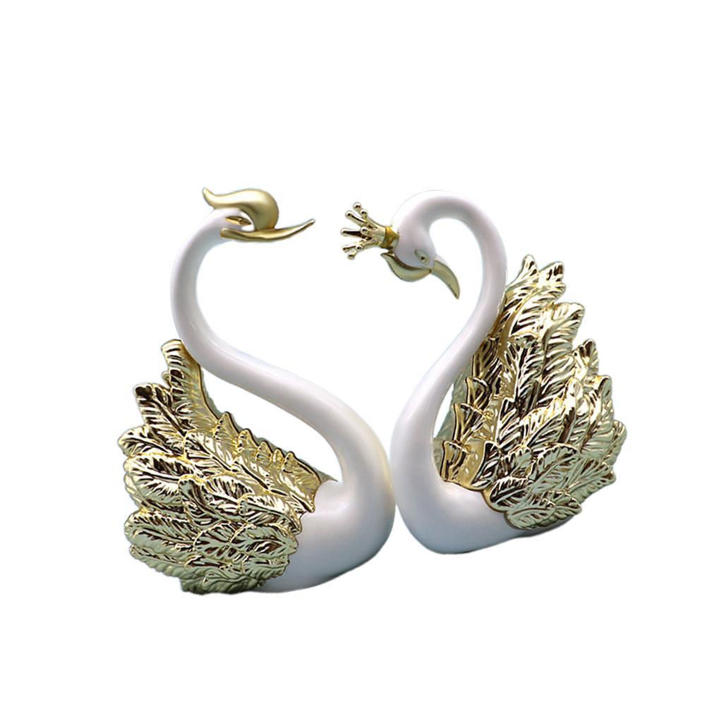 2Pcs Swan Cake Decoration Plastic Sculpture Golden Crown Swan Desktop Ornament Creative Car Decoration for Party Cake