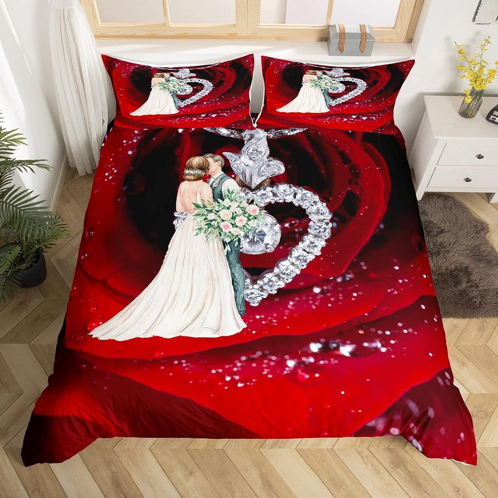 Valentýnský povlak na přikrývku King Queen Romantický trpaslík Polyesterový povlak na přikrývku Červené srdce Balón Ložní souprava Pro milence Páry