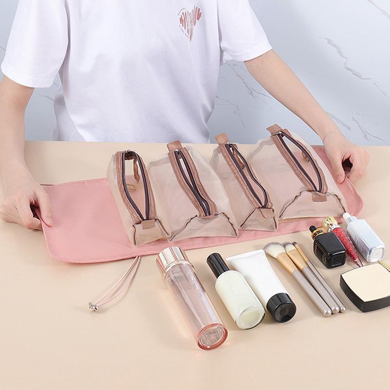 4 In 1 Cosmetic Bag For Women Zipper Mesh Separable Cosmetics Pouch Ladies Foldable Nylon Bag Rope Makeup Bag