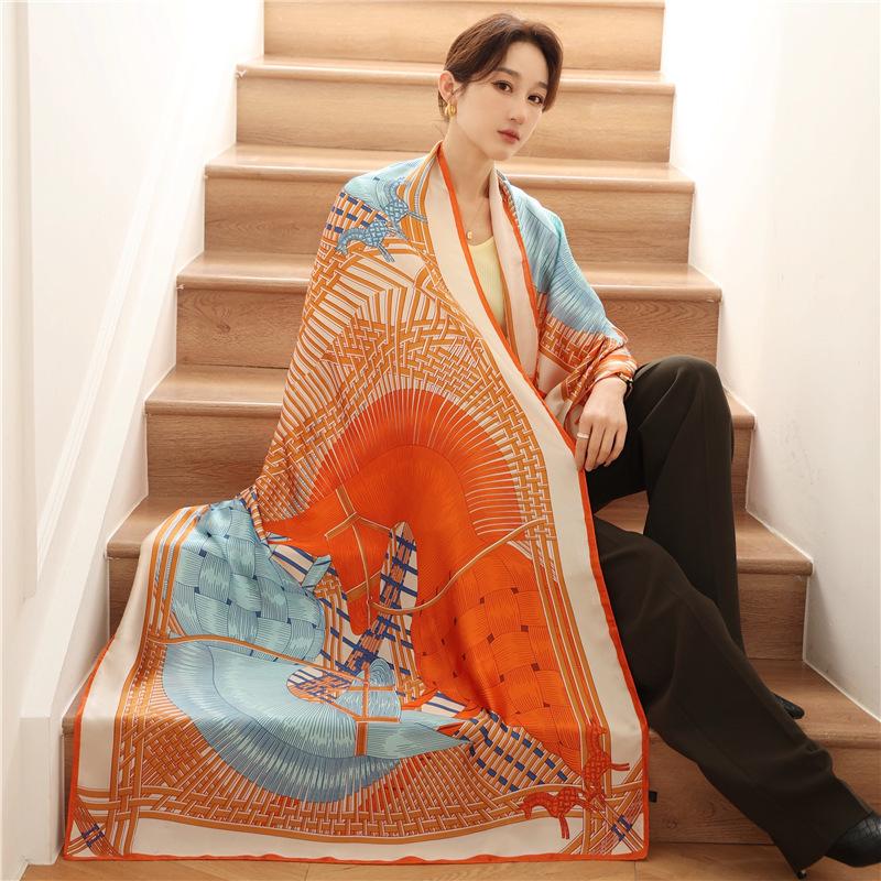 Elegant temperament ladies air-conditioning long shawl fashion colour blocking thin section holiday silk scarf scarf