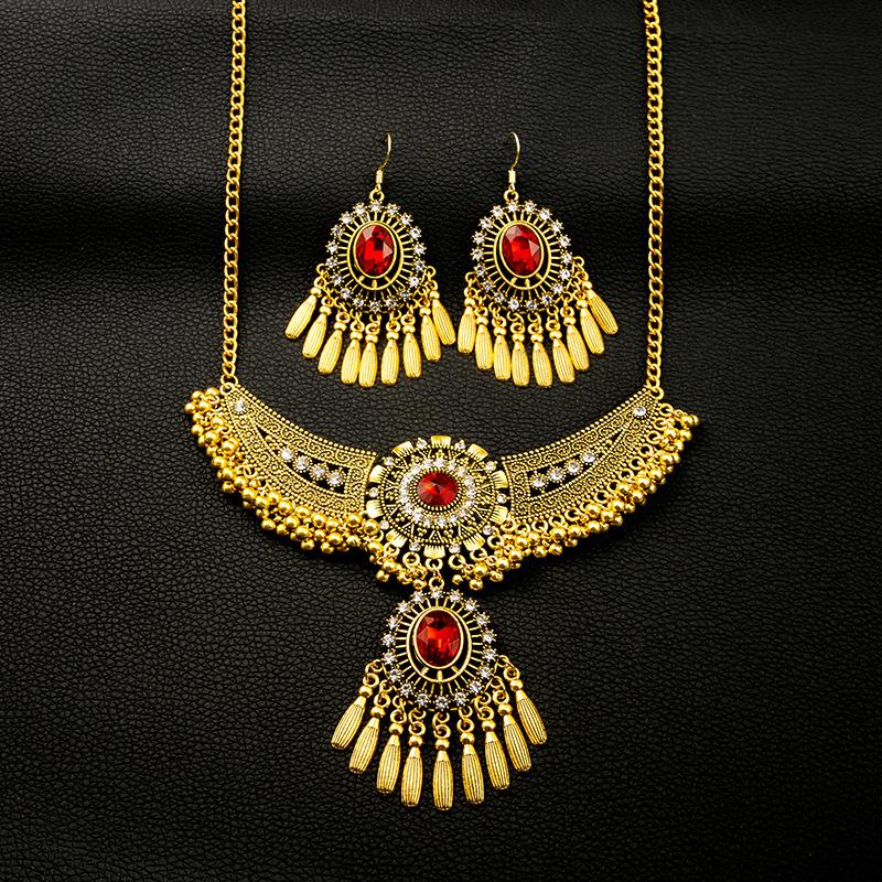 Metal Rose Necklace, Exotic Retro Ruby Earrings, Fashionable Literary Tassel Set