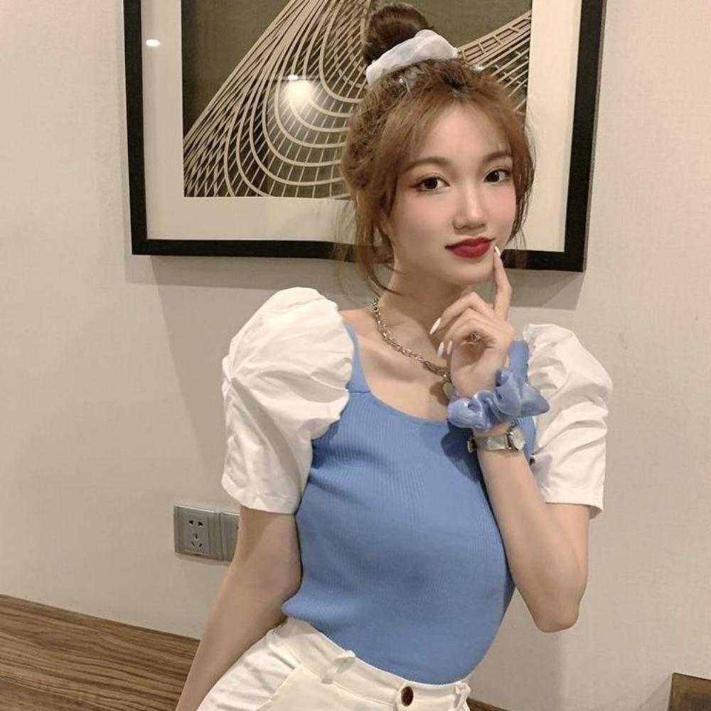 Square Collar Short-sleeved Ice Silk Sweater New Retro Slim Palace Style Short Puff Sleeve Top for Women Summer