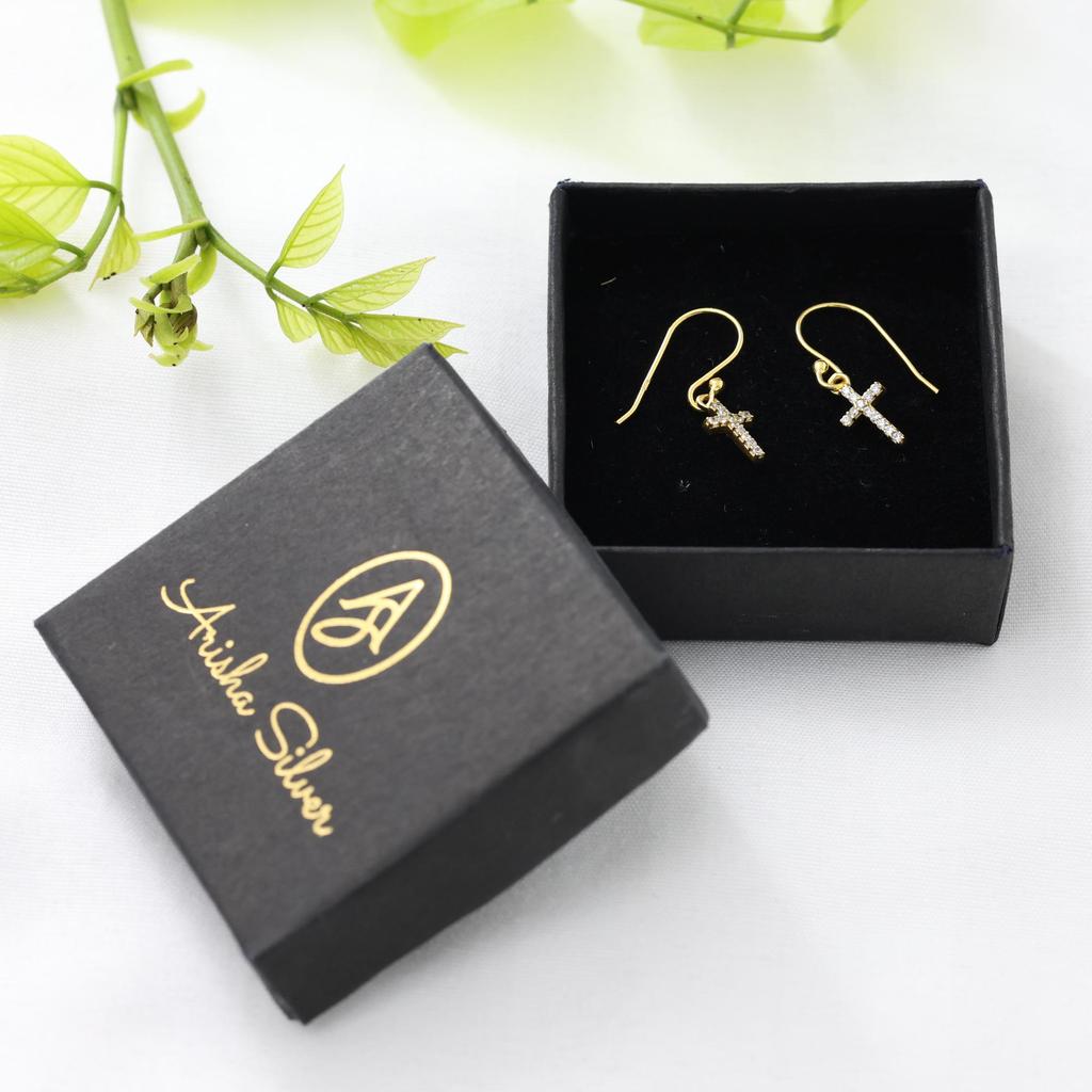 Gold Plated Cross Earring, 925 Sterling Silver Women Jewelry, Cubic Zircon Handmade Earring
