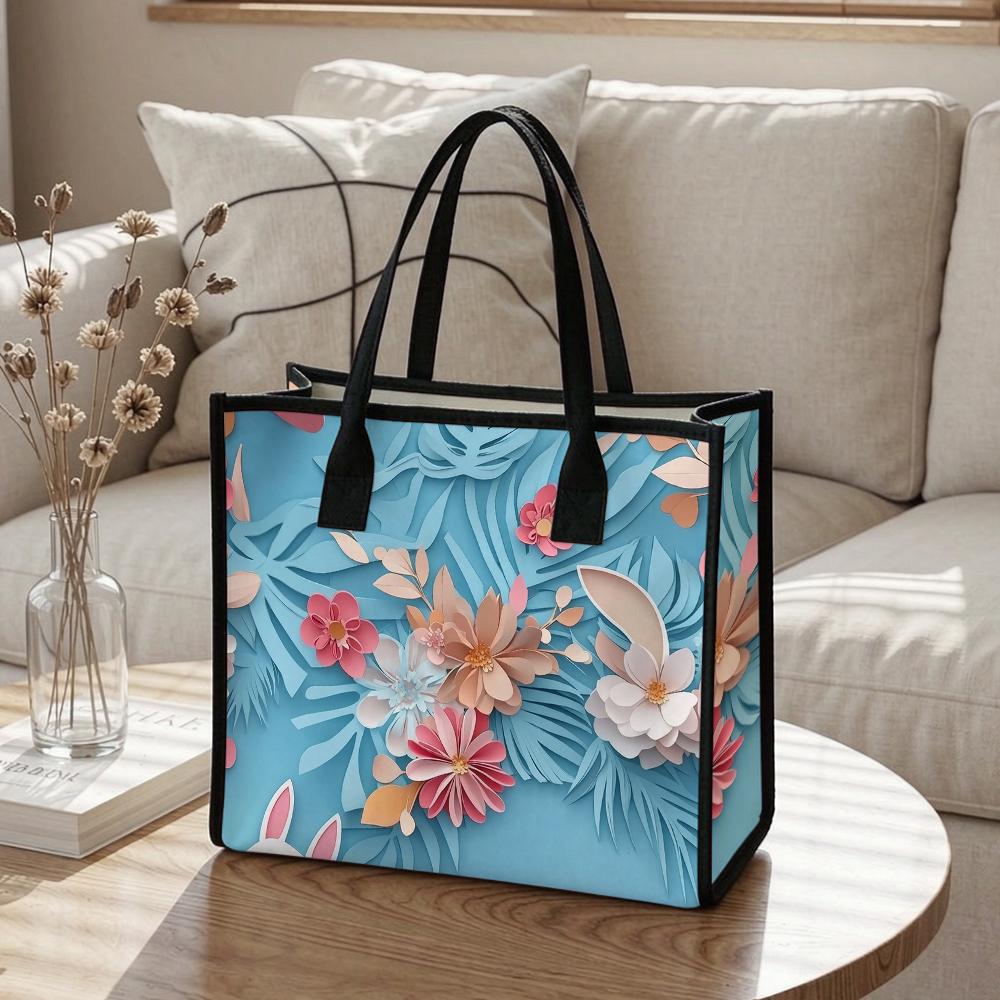 Fashion Floral Bunny Pattern Tote Bag Large Capacity Casual Portable Daily Shopping Shoulder Handbag