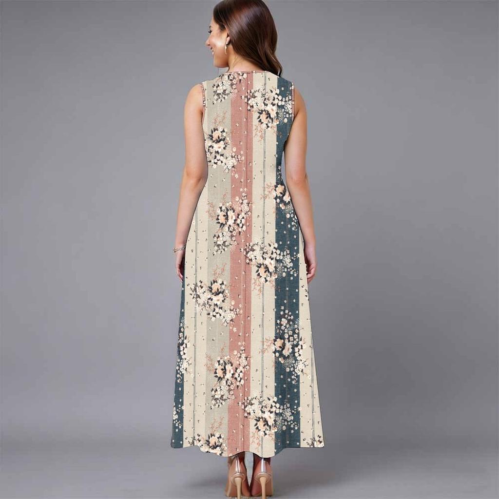 Ladies Oversized Sleeveless Crew Neck Dress Tropical Floral Printed Relaxed Midi Dress