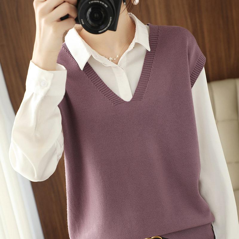 Women S V Neck Solid Color Loose Fit Pullover Knit Vest