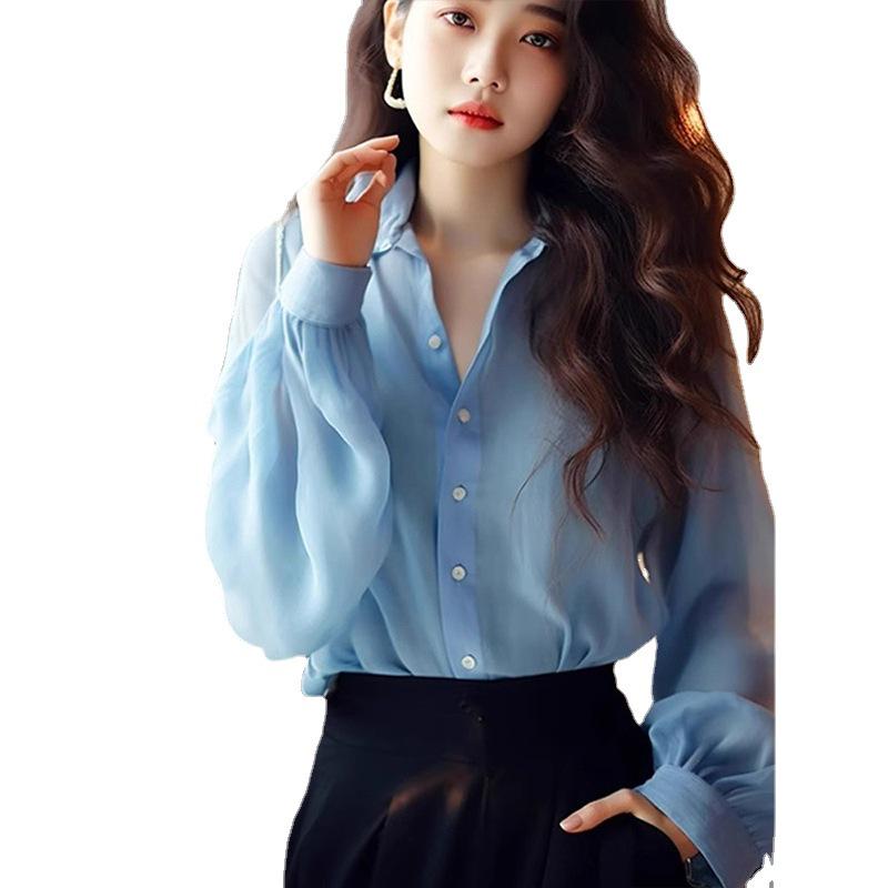 Stylish Korean Hong Kong Blue Long-Sleeve Versatile Top for Women