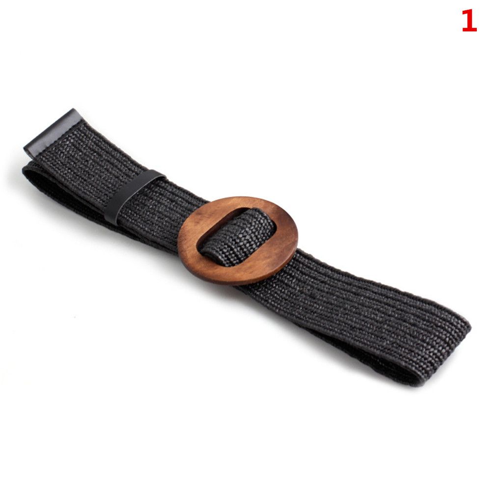 Casual Wide Bohemian Wooden Buckle Waistbelt Straw Belt Elastic
