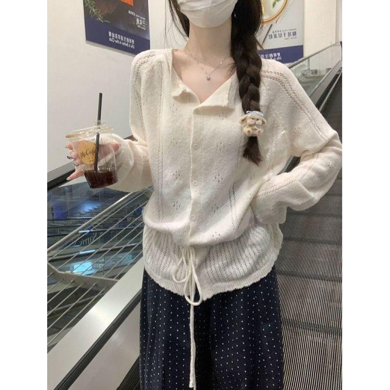 Women S Long Sleeve Knit Sweater With Waist Tie Hollow Out Fashionable