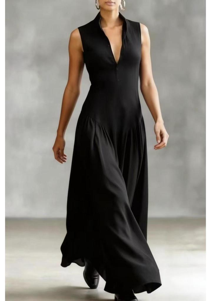Elegant Black V-Neck Sleeveless Maxi Dress with Cinched Waist, Perfect for Work and Evening Events