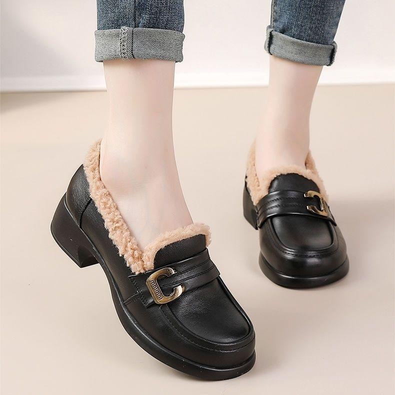 Women's Black Waterproof Non-Slip Thick Sole Velvet-Lined Casual Loafers