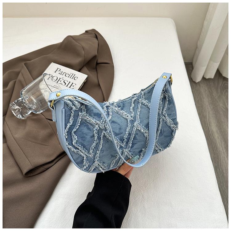 Personalized Underarm Bag 2025 Summer New Fashion Popular Women's Bag Denim Foreign Style Rhombus Rough Edge Shoulder Bag