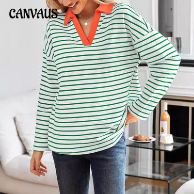 Spring Autumn Women's Striped V-Neck Loose Sweatshirt Lapel Sweatshirt