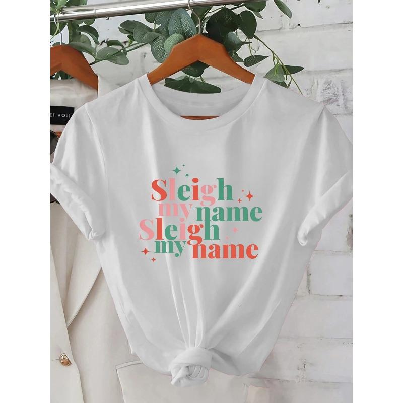 

Women S Summer Short Sleeve T-Shirt – Geometric Sleigh my name Fun Print Design, Casual Crew Neck, Cute Shirt for Everyday Wear, Trendy Streetwear S белый