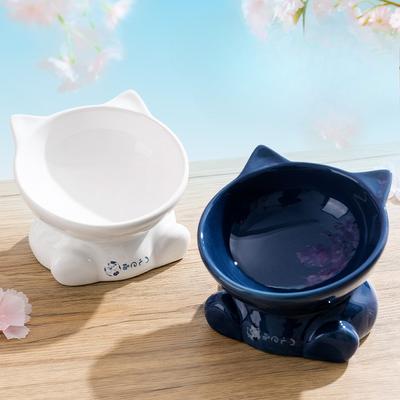 Ceramic Tall Footed Cats Bowls, Anti Overturning Oblique Mouth Neck Protection Cat Ear Shape Bowl Pet Articles, 1Pc