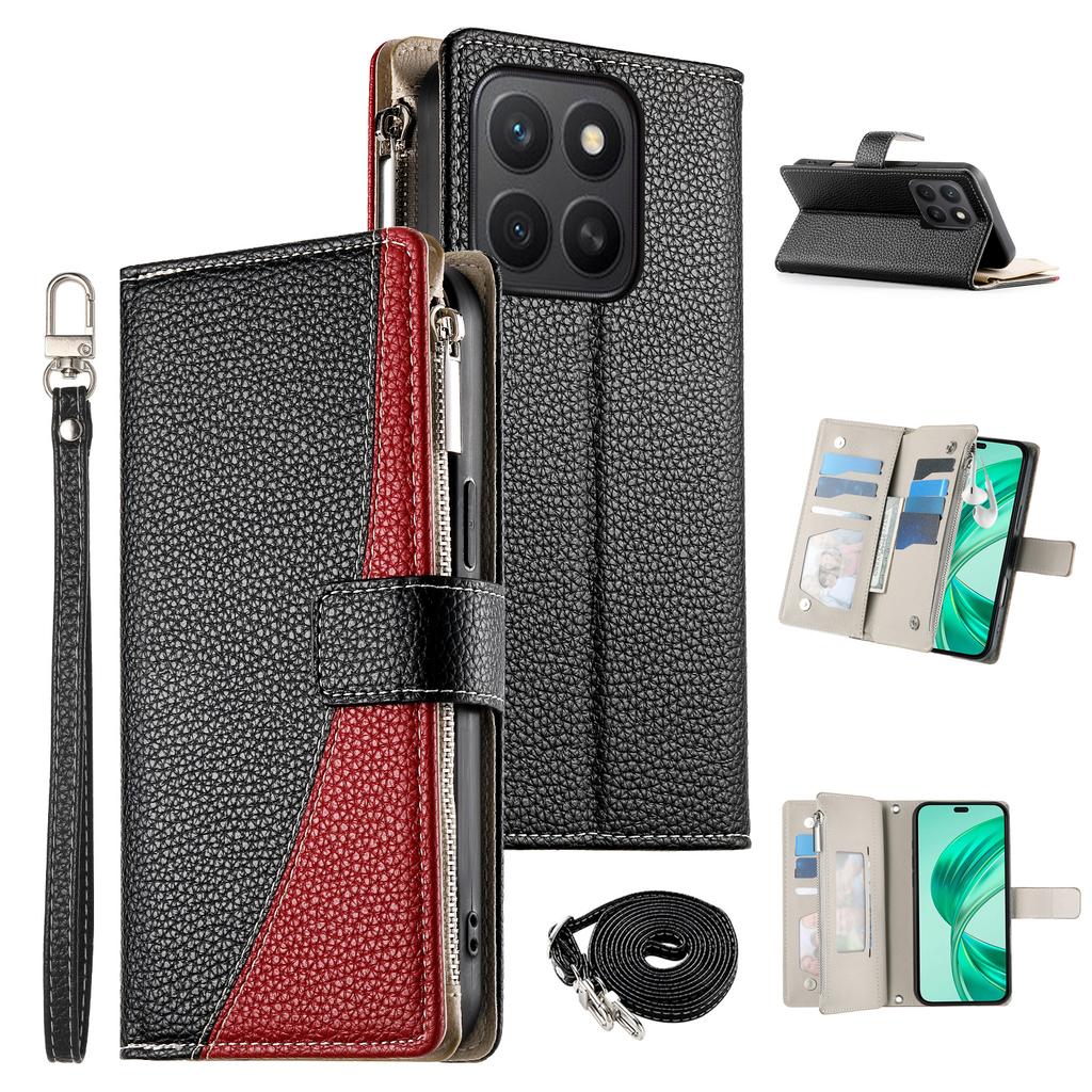 For Honor X8c 4G Case Zipper Wallet Color Splicing Leather Flip Phone Cover with Straps
