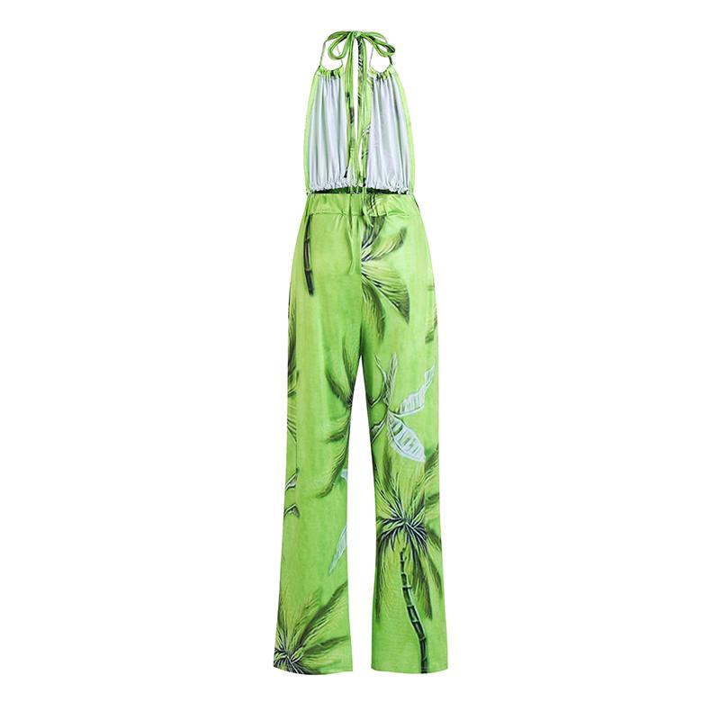 Frauen Sommer Backless Sexy Coconut Tree Print Neunte Hosen Halter Elastische Strampler Overall