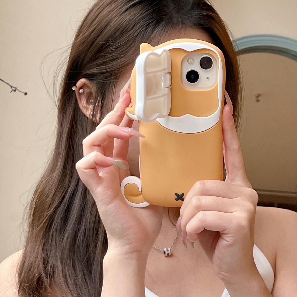 For iPhone 15 Silicone Case Dog Eating Bone Design Lens Cover Kickstand Phone Cover