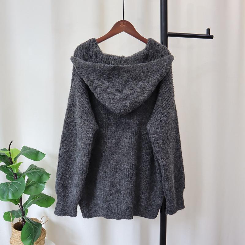 Hooded Splicing Denim Pocket Knitted Cardigan Autumn and Winter New Medium and Long Loose Sweater Jacket Women