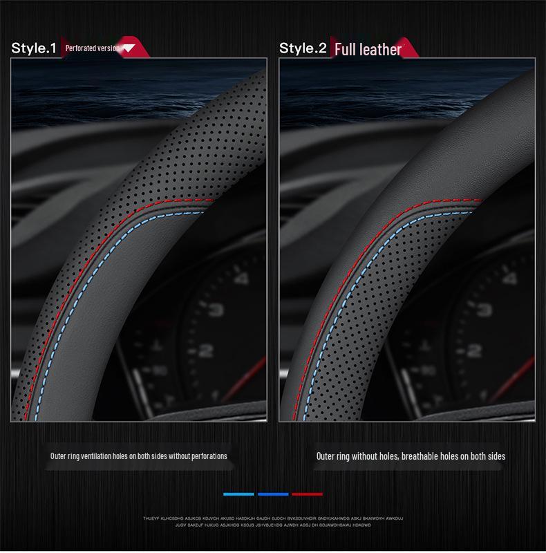 D-Shaped Genuine Leather Steering Wheel Cover: Anti-Slip, Sweat-Absorbent, Ultra-Thin, Breathable, Universal Fit for All Seasons.