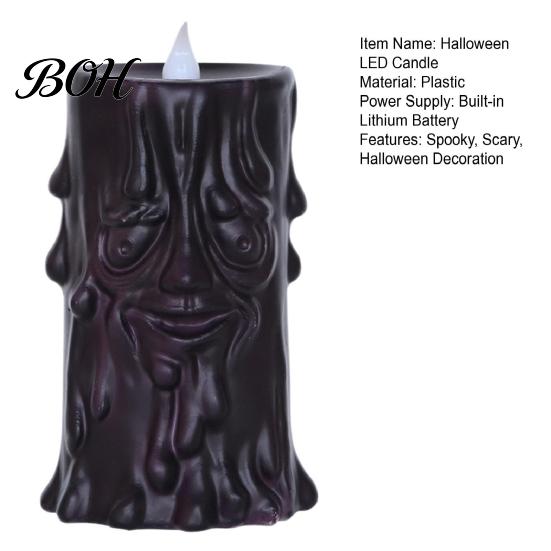 Plastic Halloween Figurine Flameless LED Candle, Spooky Face Tree Stump Pillar Atmospheric Festival Decoration Wax Drip Flickering Fake Candle