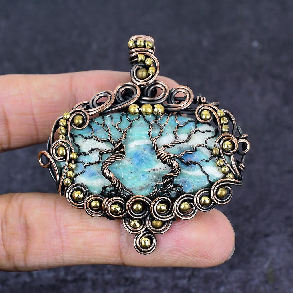 Larimar Gemstone Copper Wire Wrap Jewelry Pendant 2.36"