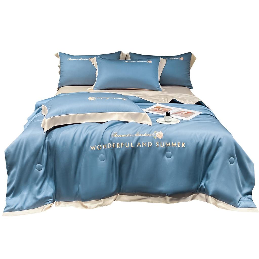 Luxury Washable Ice Silk Summer Quilt Set - Cool, Embroidered, Lightweight Four-Piece Bedding for Air Conditioning