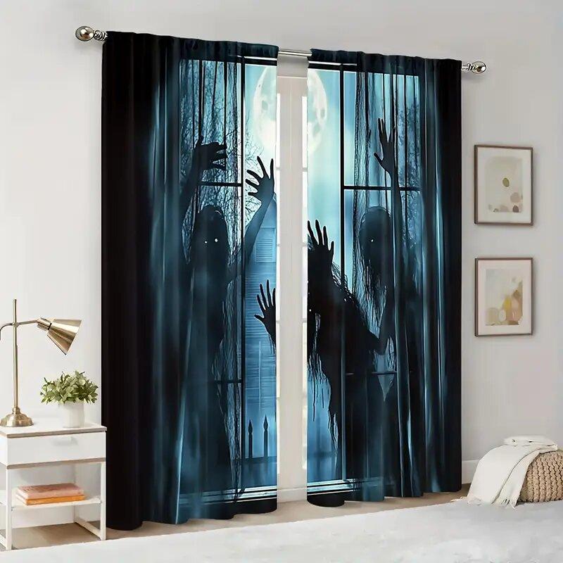 Halloween Scary Ghost Monster Pattern Printed Curtains Window Decorations Home Room Curtain Made Of Polyester Washable