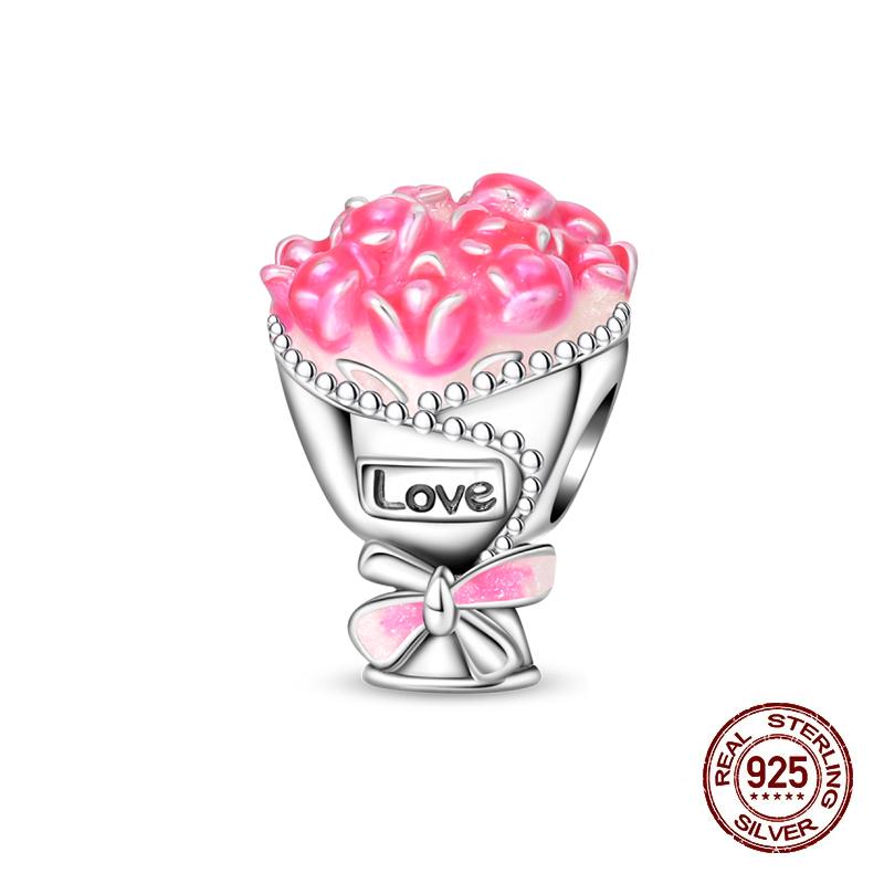 New Copper Charms Beads Pendant Pink Bouquet Love Wedding Proposal Charm For Women Bracelet Engagement Jewelry Gift