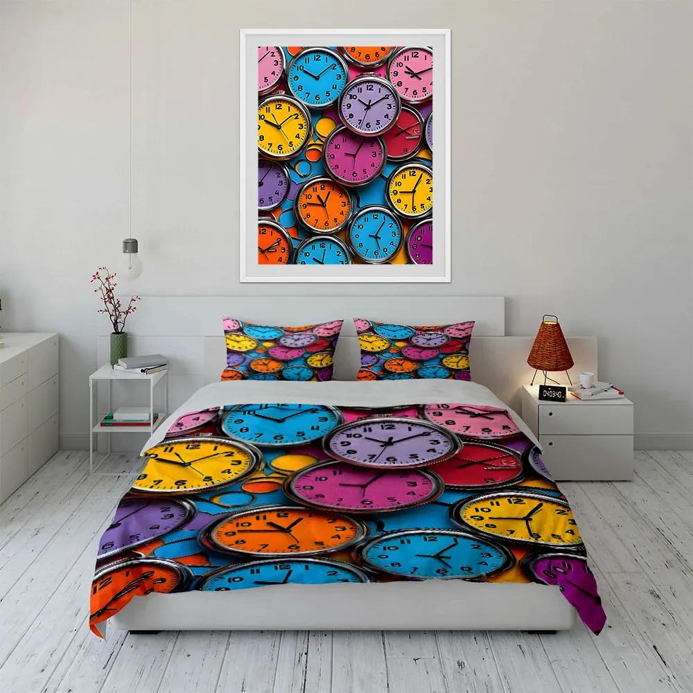 Buntes niedliches Uhr-Print 3-teiliges Set Dekoration Weich Bequem Bettbezug Bettwäsche-Set Enthalten 1*Bettbezug & 2*Kissenbezüge Geschenk