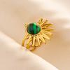 Green Striped Stone Vintage Gold Color Stainless Steel Open Adjustable Rings For Women Men Accessories Finger Jewelry Sun Flower