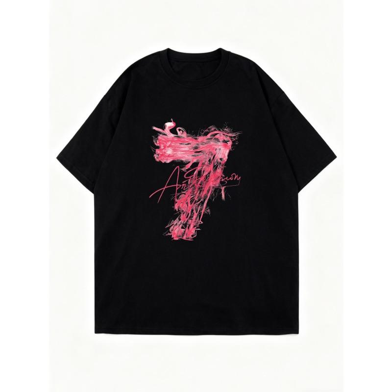T-shirt Oversize Noir Rose Imprimé Art Abstrait et Texte Streetwear Décontracté pour Femmes