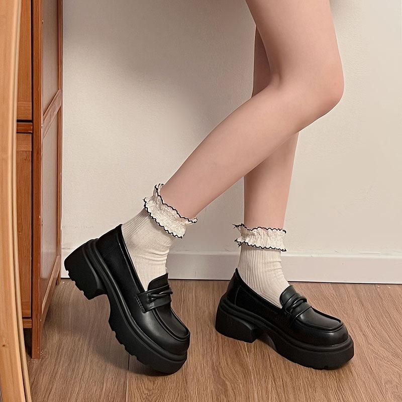 French thick heel British style small leather shoes women's 2025 new autumn one-pedal round head single shoes black jk loafers