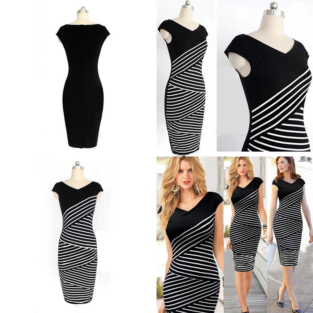 Womens Elegant Summer V Neck Stripe Bodycon Pencil Dress Perfect For Office And Party Wear