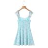 Pure French sexy lace lace-up ruffle edge waist thin print suspender dress women's A-word short skirt summer