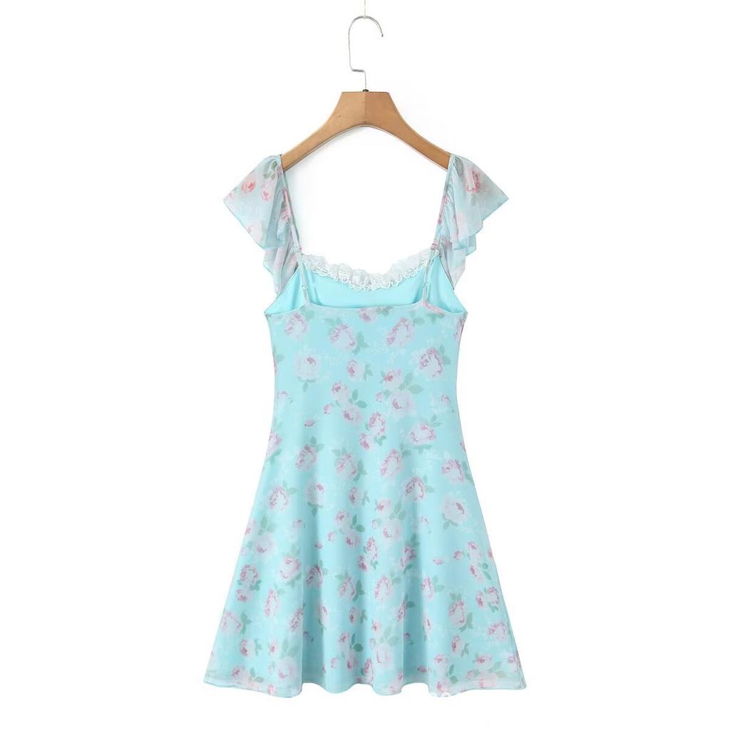 Pure French sexy lace lace-up ruffle edge waist thin print suspender dress women's A-word short skirt summer