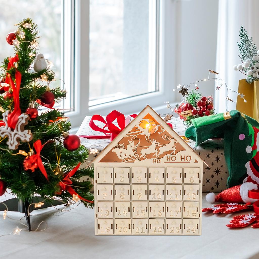 Hölzerner Adventskalender 24 Schubladen LED Beleuchtung Countdown Weihnachten 2026 Nachfüllbar Rustikal Tischdeko Dorf Dekoration