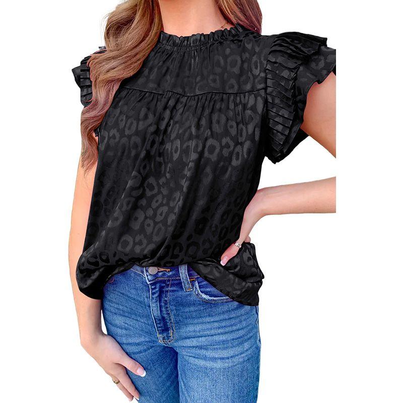 

Leopard Print Ruffles Chiffon Pullovers Loose Short Sleeve Black Size S fit (45.00 kg-55.00 kg